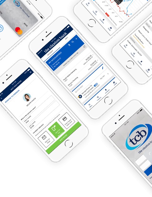 Phones displaying the TCB Mobile app - person to person payments, bill pay, FaceID, and mobile walltes