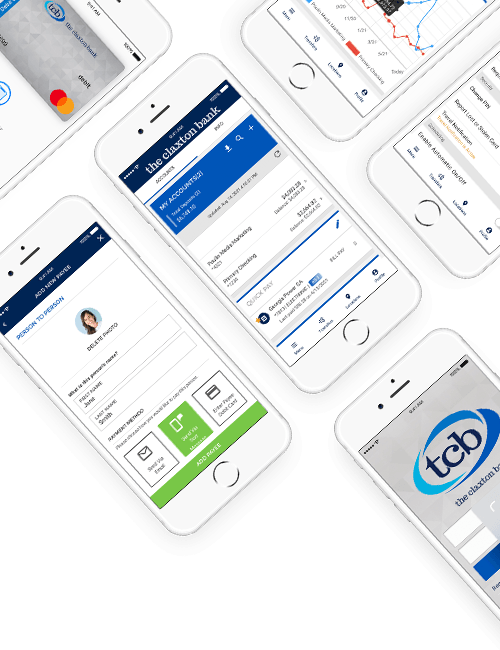 Phones displaying the TCB Mobile app - person to person payments, bill pay, FaceID, and mobile walltes