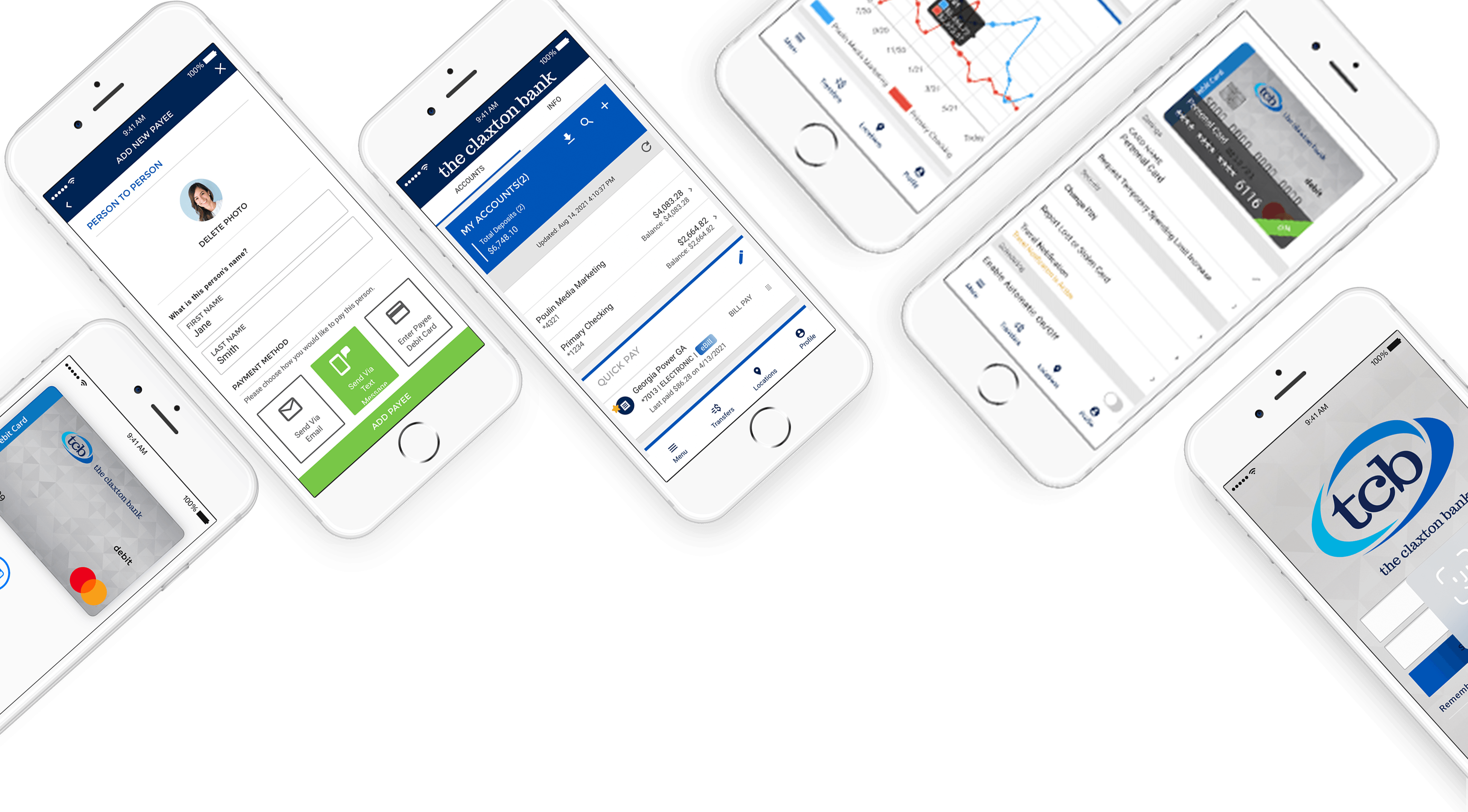 Phones displaying the TCB Mobile app - person to person payments, bill pay, FaceID, and mobile walltes