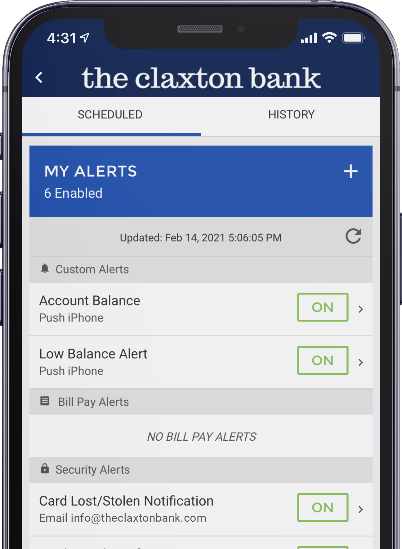 Screenshot of TCB Digital Banking alerts