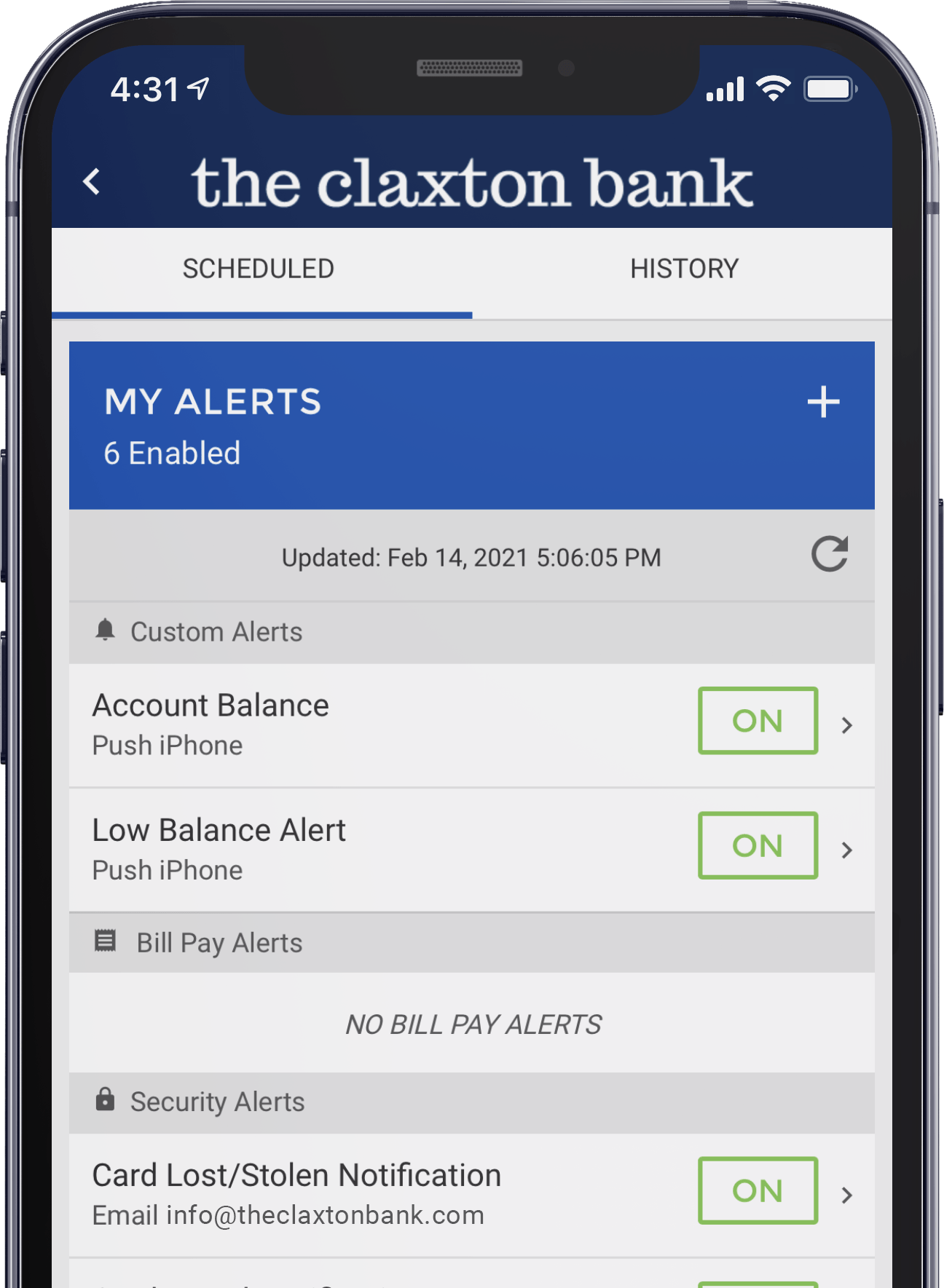 Screenshot of TCB Digital Banking alerts