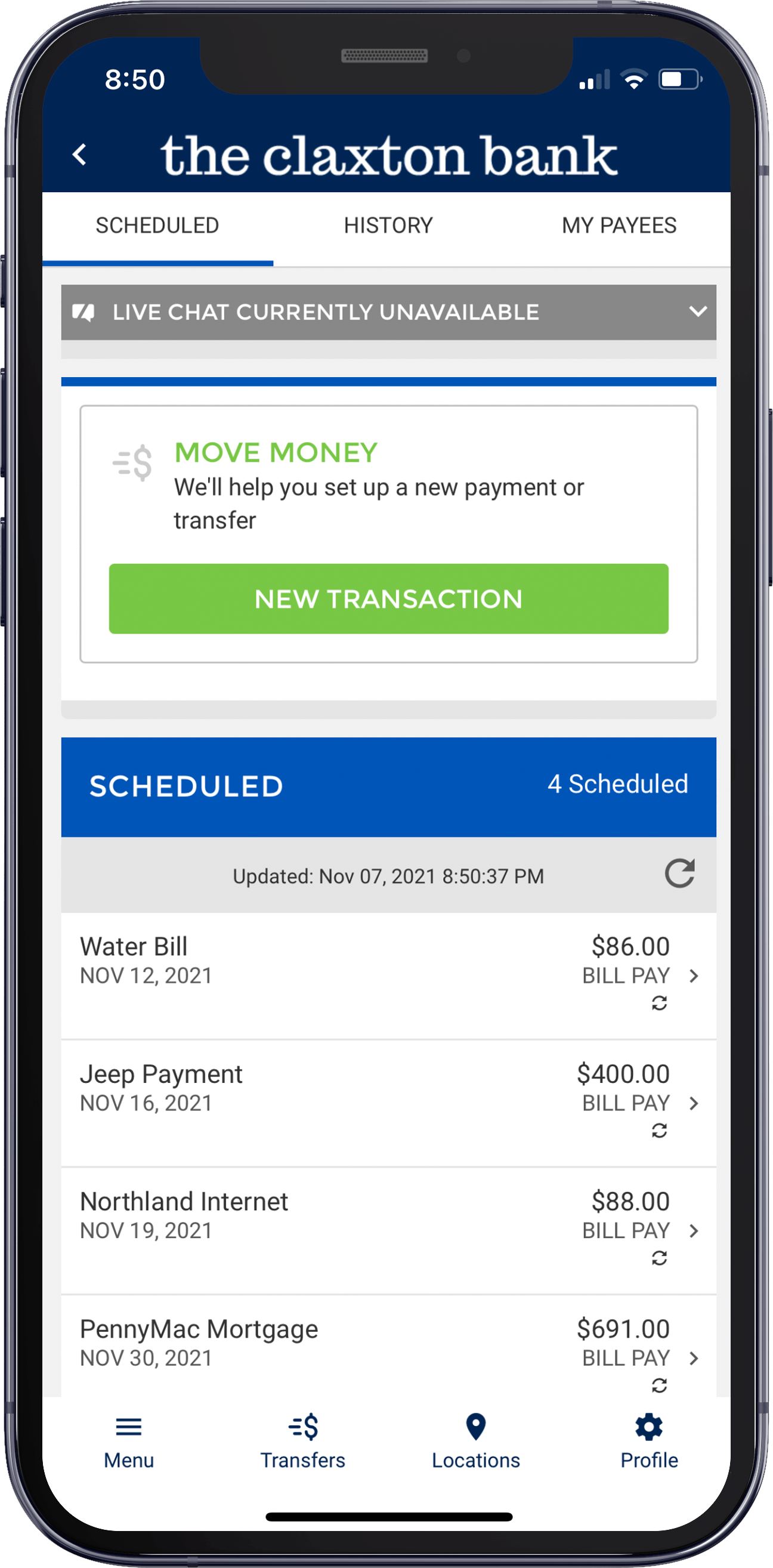 Screenshot of TCB BillPay