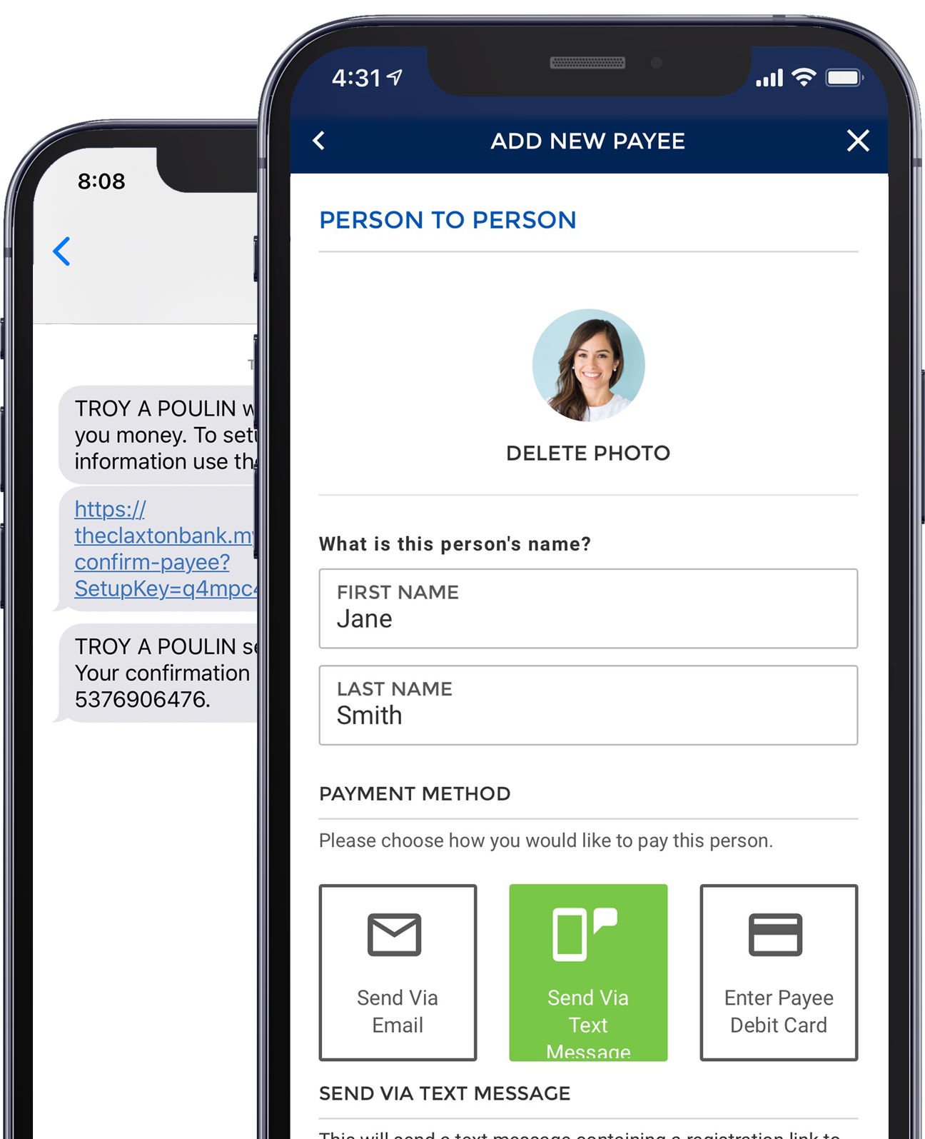 Screenshot of TCB SPINPay Person-to-Person Payment