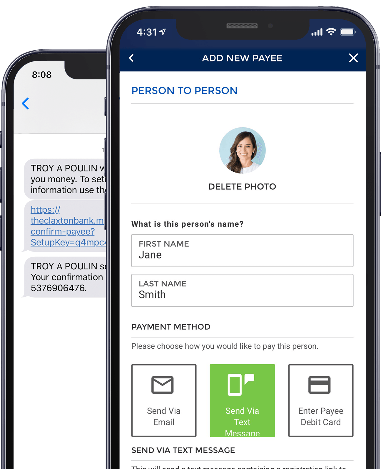 Screenshot of TCB SPINPay Person-to-Person Payment