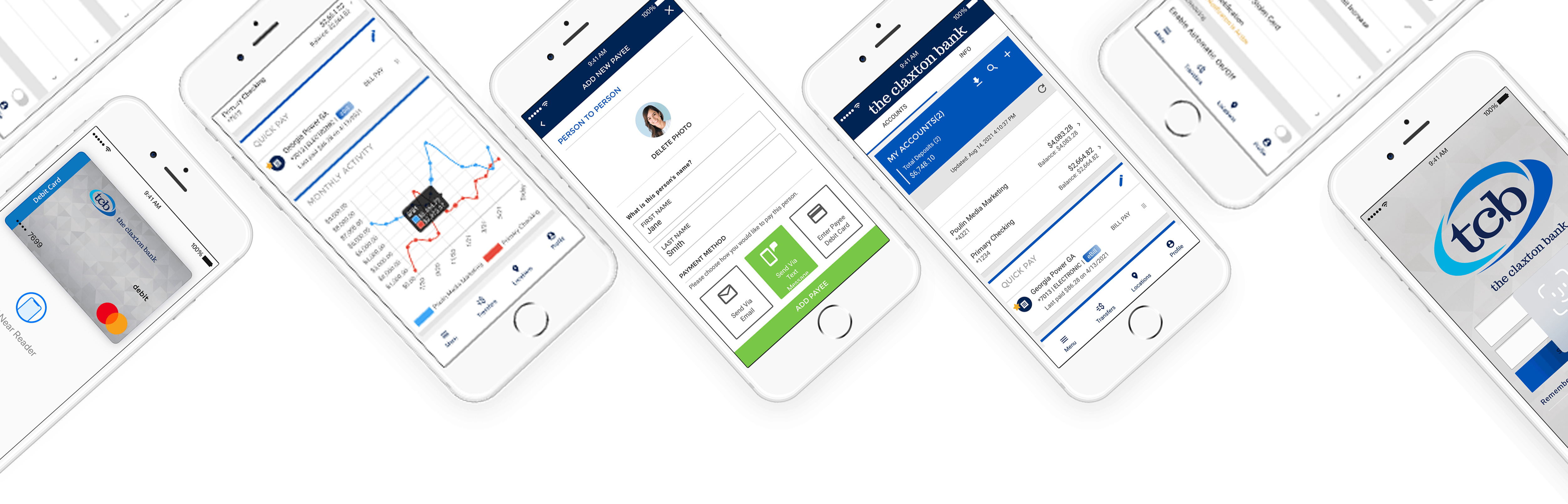 Phones displaying the TCB Mobile app - person to person payments, bill pay, FaceID, and mobile walltes