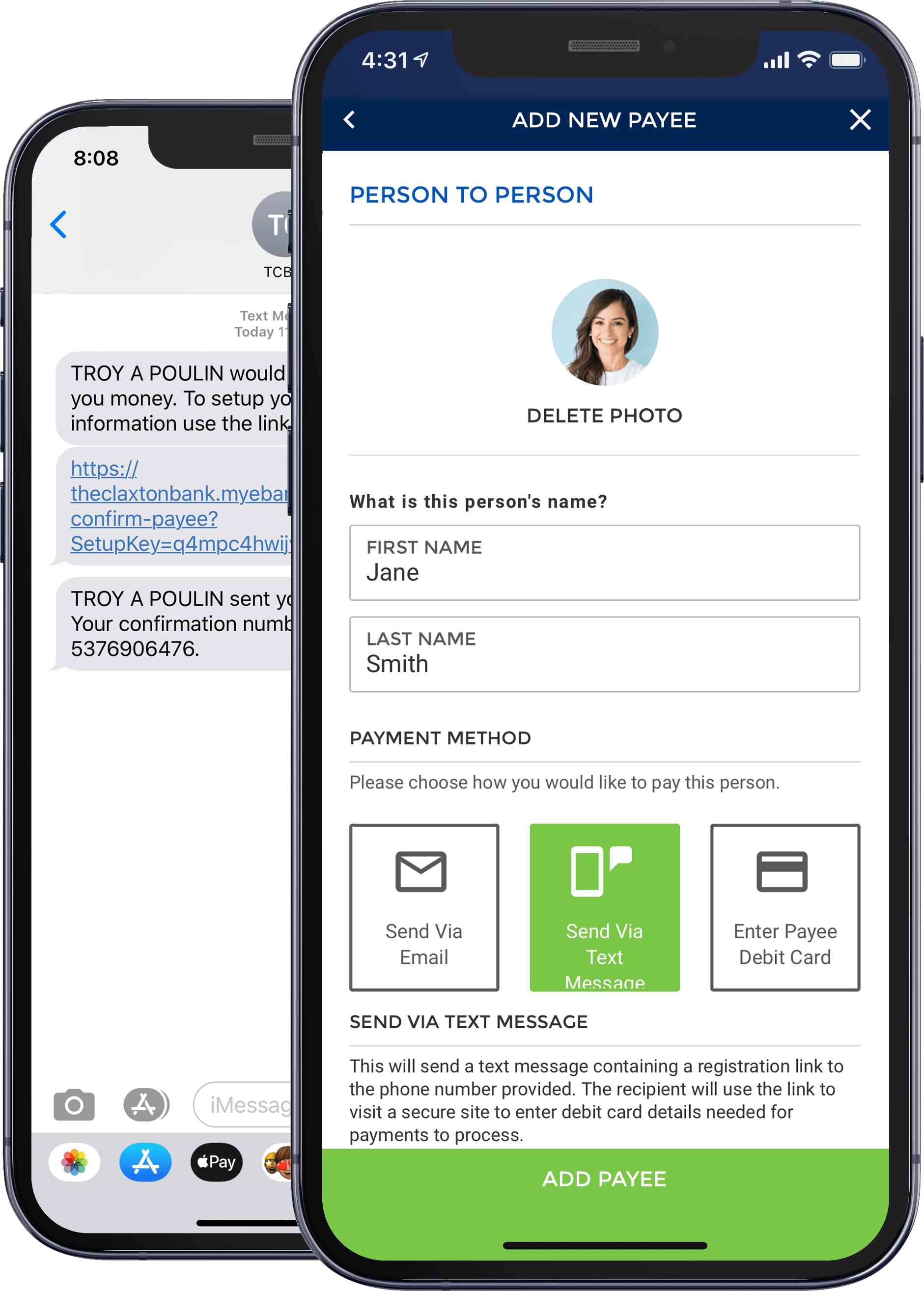 Screenshot of TCB SPINPay Person-to-Person Payment