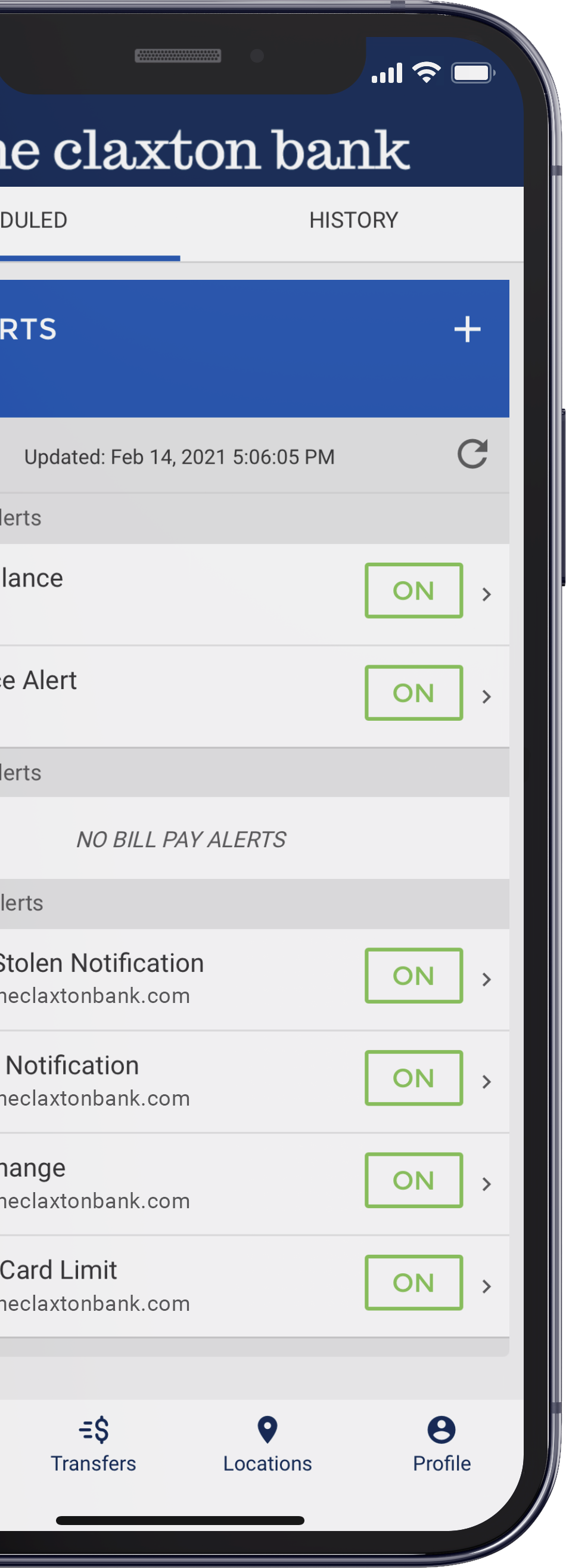 Screenshot of TCB Digital Banking alerts