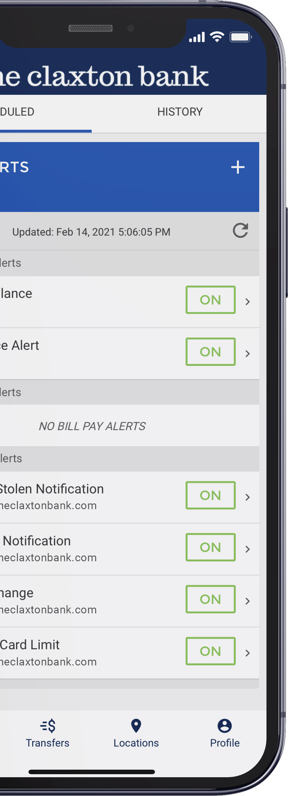 Screenshot of TCB Digital Banking alerts