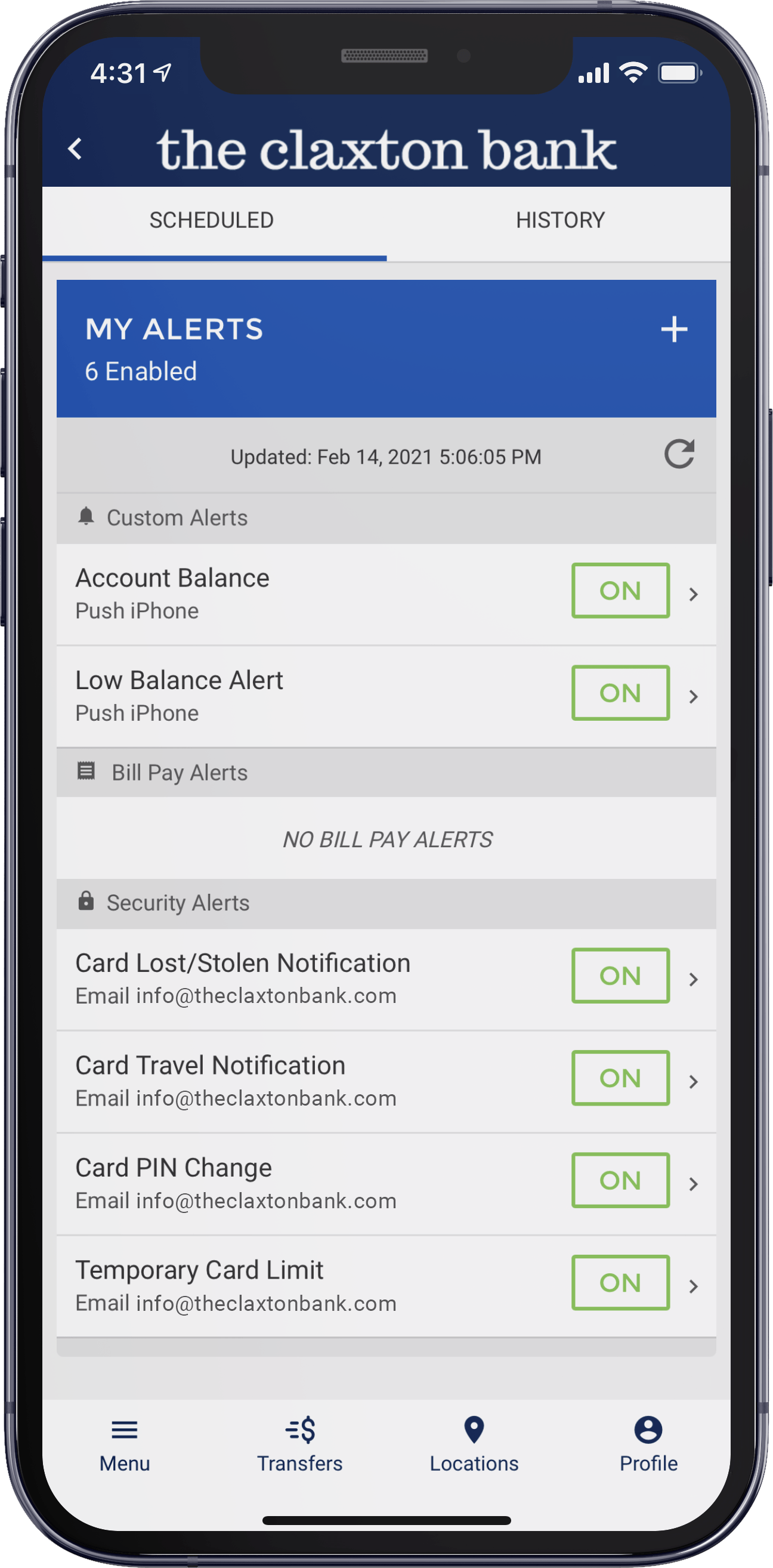 Screenshot of TCB Digital Banking alerts